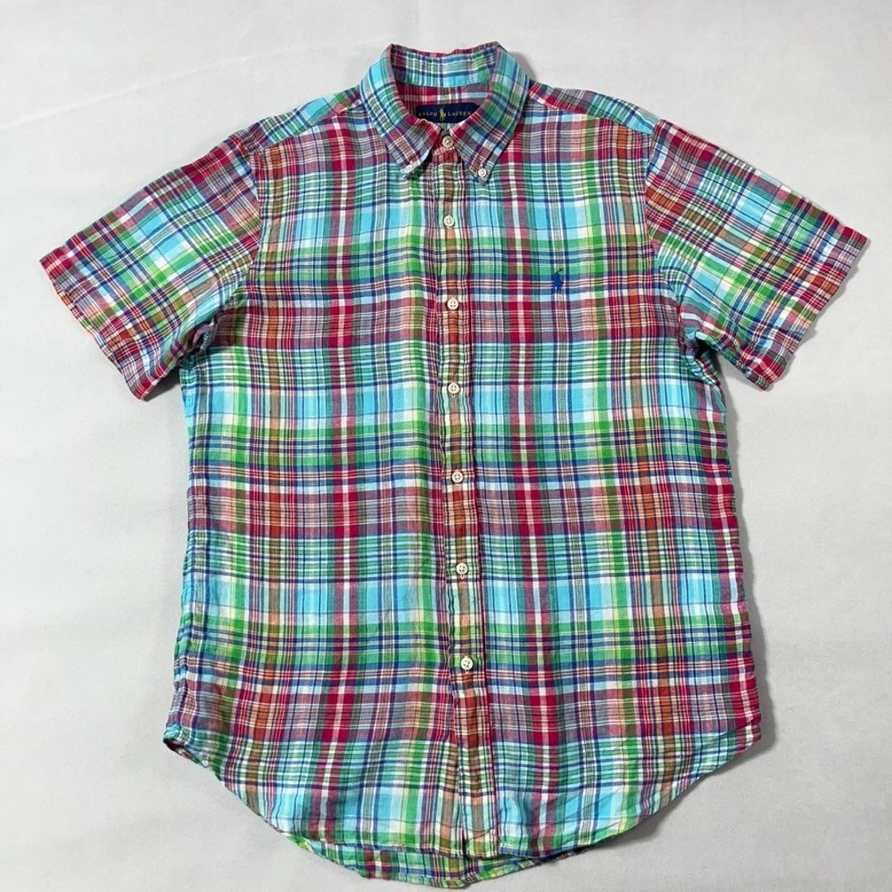 Ralph Lauren 100% Linen Shirt Men Medium Madras‎ Plaid Short Sleeve Multicolor